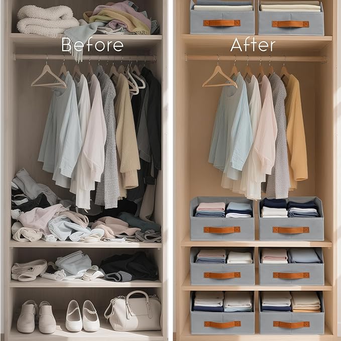 Homsorout Fabric Storage Bins for Organizing - 12 Pack Large Trapezoid Collapsible Storage Bins with Front Handle, Closet Organizers and Storage for Bedroom, Home Shelves, Small Spaces, Grey