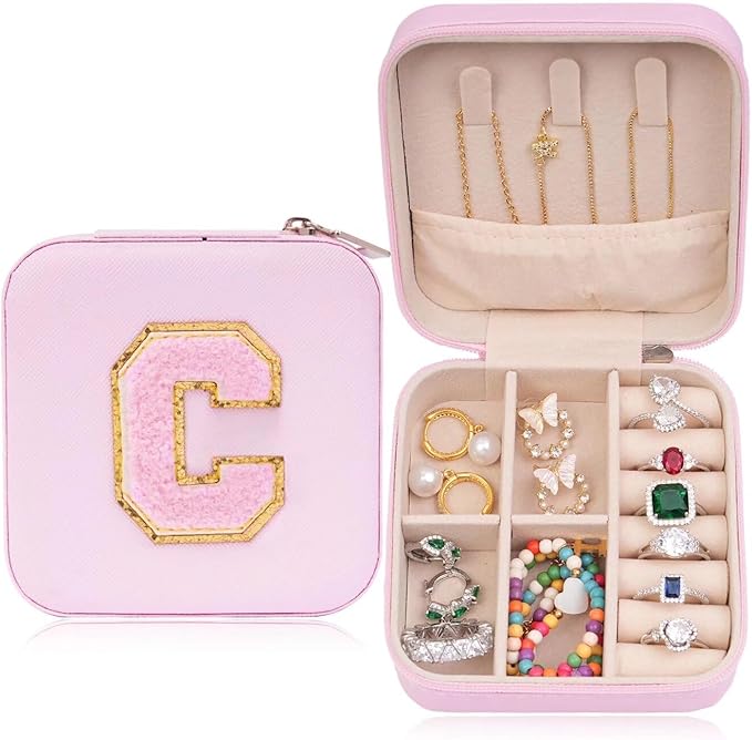 ETHOON Jewelry Travel Case Small Organizer Stocking Box Personalized Gifts Teenage Jewelry Accessories Holiday Wedding Christmas Gift for Women Pink, Letter C