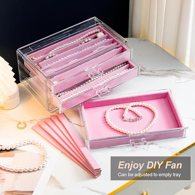 YUFONG Necklace Holder Organizer, Dustproof Necklace Box Velvet Necklace Organizer Box with Lid Clear Acrylic Dustproof Stackable Jewelry Displays for Necklaces Chain Display (Pink, 5 Drawer)