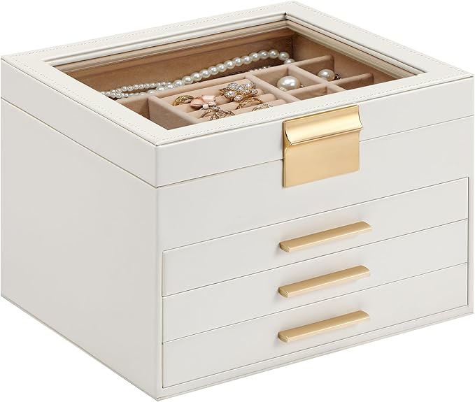 Somduy Jewelry Box Organizer for Women,4 Layers Jewelry Storage Display Box with Glass Lid,Gift for Christmas,3 Drawers,Large Capacity for Necklace Earrings Bracelets Rings,White
