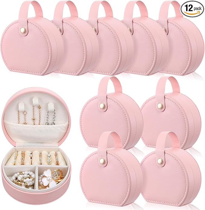 10 Pack Travel Jewelry Case Mini Leather Bridesmaid Jewelry Gift Box Bulk, Half Moon Design, Detachable Handle, Small Earring Storage Organizer for Women Girls Bridesmaid Proposal Gifts(Pink)