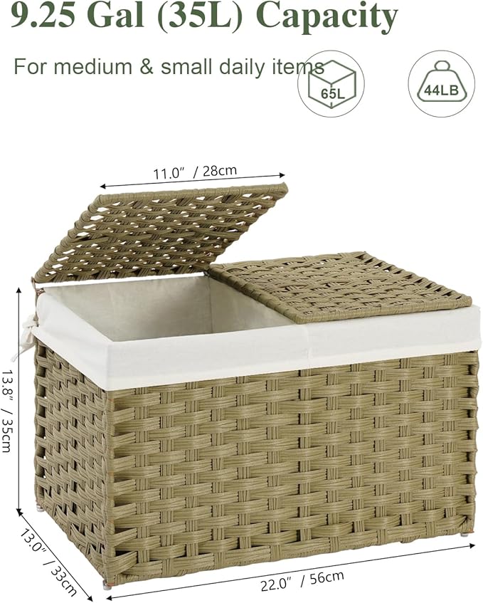 SETVSON Storage Basket with Lid Rattan Woven Storage Baskets with 2 Separate Lids, 17.2 Gallon (65 L), Wicker Storage Bins Foldable, 2 Removable Liner Bags Handles for Bedroom, Laundry Room Green
