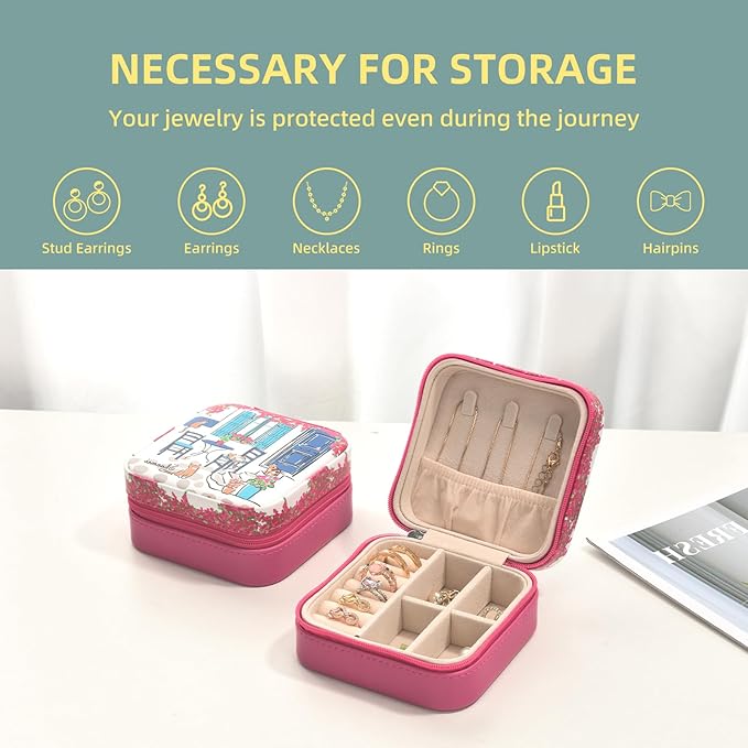 shunmei Mini Travel Jewelry Box,PU Leather Portable Jewelry Organizer Case,Art Accessories Storage Holder Boxes for Earring, Necklace, Rings, Bracelets (Four Cats)