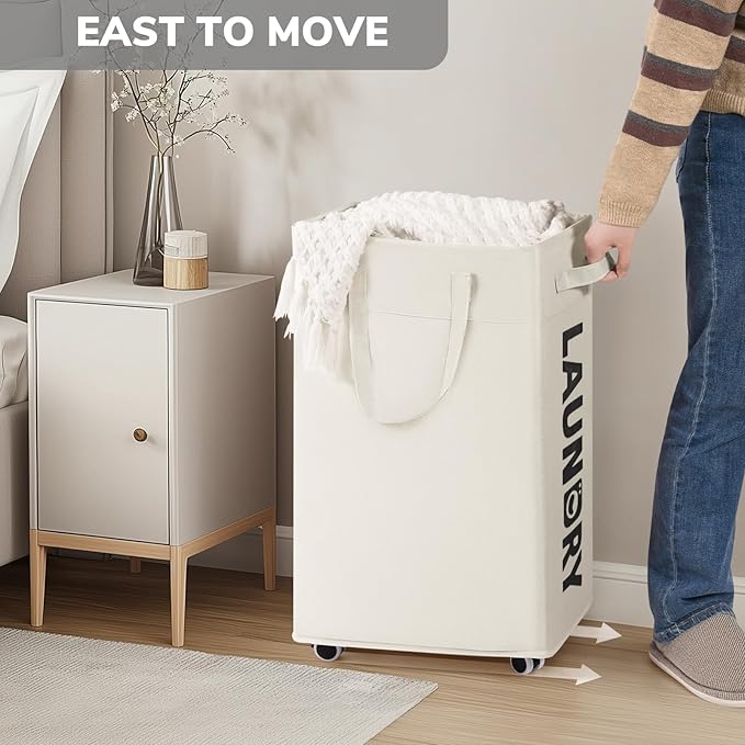 Goodpick Laundry Hamper with Wheels, 75L College Dorm Room Essentials, Clothes Hamper with Removable Wash Bag for Bedroom, Large Laundry Basket with Handle, White