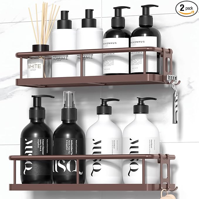 YASONIC Shower Caddy Adhesive, No Drill Bathroom Shower Organizers, with Removable Hooks, Rust Proof Shower Shelves, Wall-Mounted Shower Holder, 2 Pack Bronze