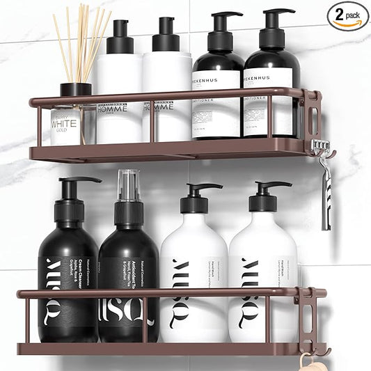 YASONIC Shower Caddy Adhesive, No Drill Bathroom Shower Organizers, with Removable Hooks, Rust Proof Shower Shelves, Wall-Mounted Shower Holder, 2 Pack Bronze