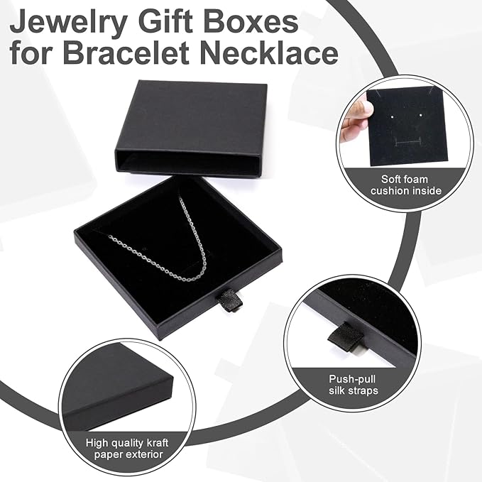 4 Pcs Jewelry Gift Box, 3.5×3.5x0.7Inch Cardboard Jewelry Boxes, Fancy Necklace Bracelet Earring Drawer Organizer Box, Kraft Empty Jewellery Boxes for Necklace Ring Earring Display Box(Black)