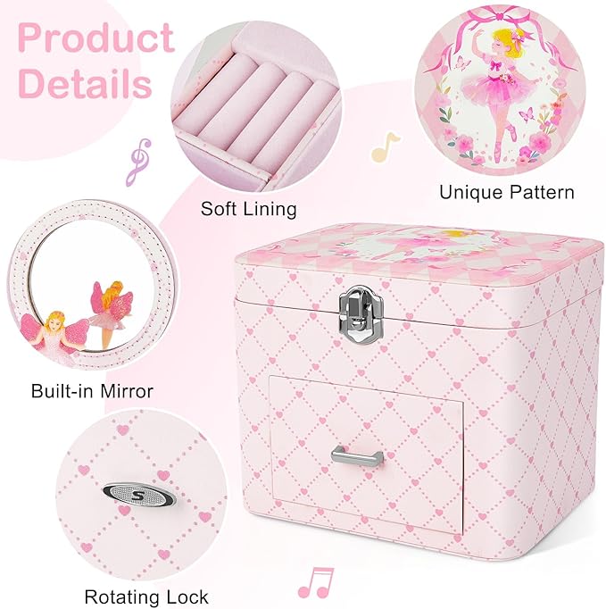 Basumee Musical Jewelry Box for Girls PU Leather Music Box with Drawer Large Kids Jewelry Organizer with Unicorn/Ballerina Jewelry Storage for Little Girls Ages 3–10, Birthday & Holiday Present