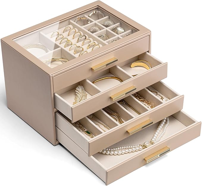 VLANDO 4 Layer Jewelry Box for Women, Mothers Day Gifts for Women, Glass Lid Jewelry Organizer with 4 Drawers for Necklaces Rings Earrings Bracelets - Toffee