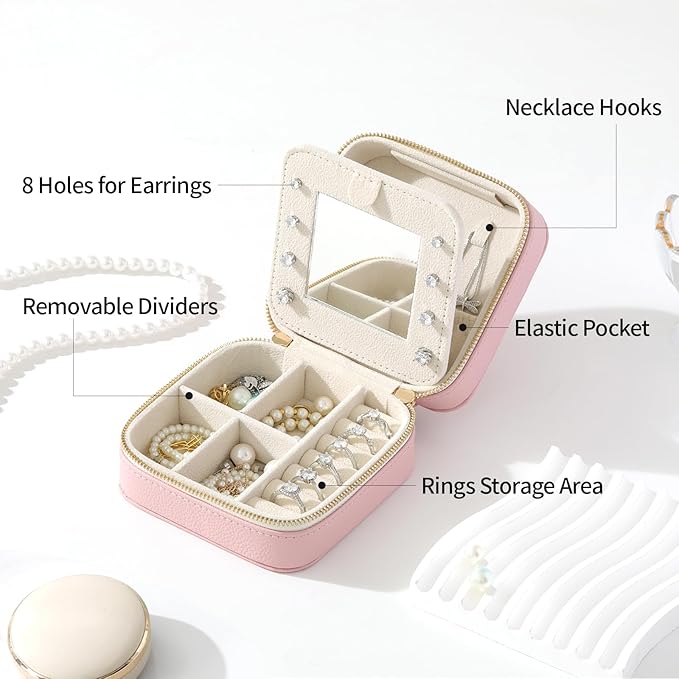 Genuine Leather Travel Jewelry Organizer Case with Mirror for Women, Small Mini Portable Jewelry Box for Ring Earrings Necklace Bracelet Luxury Gift for Women（Pink）