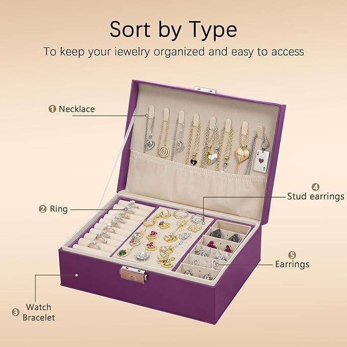 Homeanda Jewelry box 2 layer Jewelry box Leather Jewelry boxes for Women Girls Teens Jewelry organizer box Jewelry Storage box with lock(Purple)