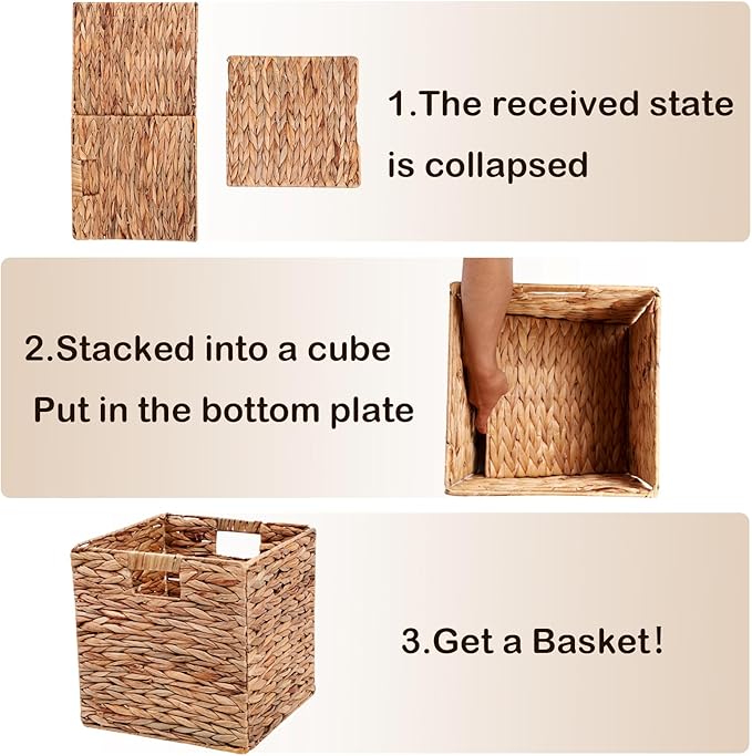 11x11in Wicker Storage Basket Set of 2 Collapsible Hyacinth Cube Storage Baskets,Storage Bins for Organizing Storage Basket with Built-in Handles