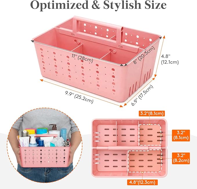 Lifewit Shower Caddy Portable, Cleaning Supplies Caddy Organizer with Handle and Adjustable Dividers, Plastic Shower Basket for Dorm Room Essentials, College, Bathroom, Pink, 1 Pack