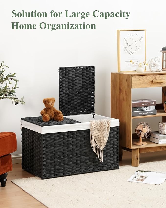 SETVSON Storage Basket with Lid Wicker Baskets for Storage with 2 Separate Lid 42.3 Gallon (160 L) 29.9 x 17.3 x 18.1 Inches Rattan Woven Large Wicker Basket with 2 Liners for Bedroom Laundry Black