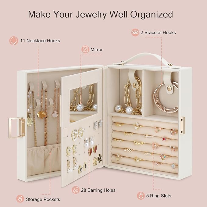 DesignSter Travel Jewelry Case for Woman, Portable Jewelry Travel Box with Mirror, PU Leather Small Jewelry Organizer with Handle for Rings Earrings Bracelets Necklaces(Beige & Pink)