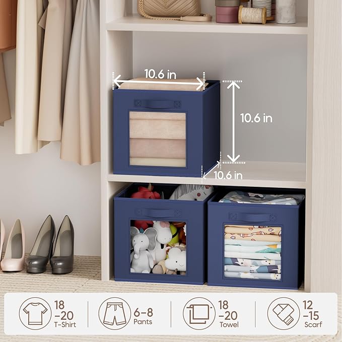 Homsorout Storage Cube 11 Inch - Cube Storage Bins with Window, Closet Storage Baskets with Handle, Fabric Bins for Closet, Shelves, Toys, Clothes, Set of 8, Navy Blue