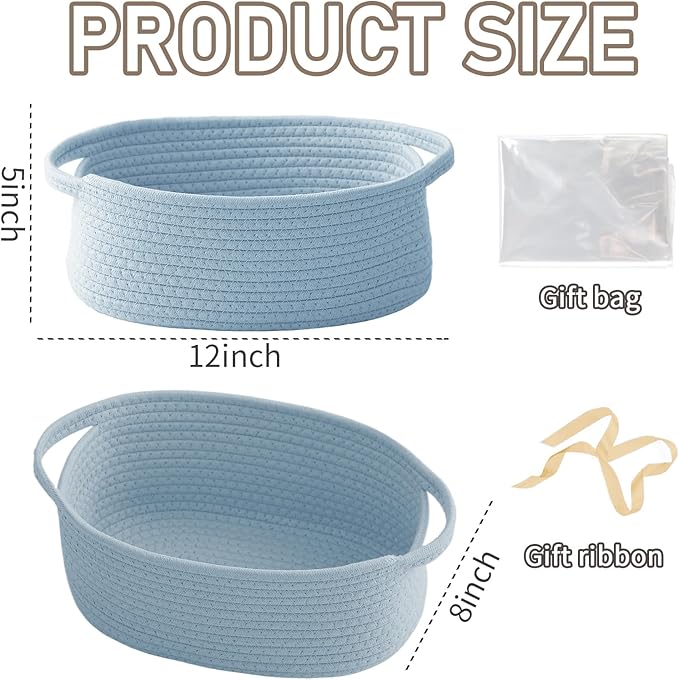 JMvicyroam Woven Basket,Small Rope Storage Bin with Handles & Ribbon Bag, Organizer for Shelves Closets,Gift Basket Empty for Birthday,Books,Dog Toys, Blue