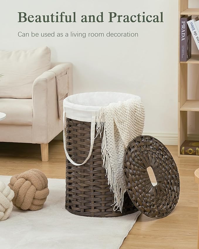 SETVSON Laundry Hamper with Lid, 19.0 Gal (72 L) Round Wicker Laundry Basket, Handwoven Rattan Basket with Lid, Removable Bag, 2 Mesh Bags, Handles for Living Room, Bathroom, Brown