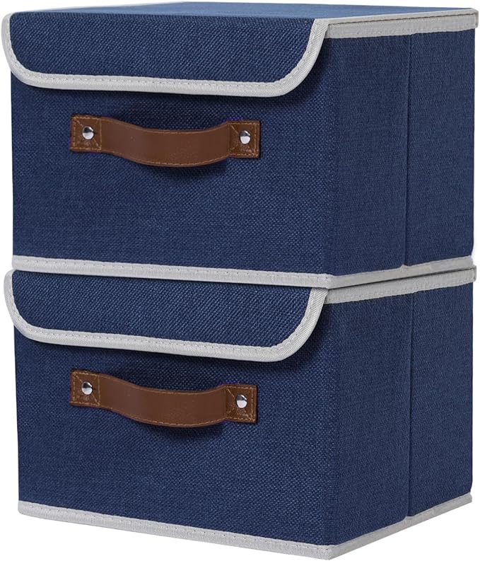 ANMINY 2PCS Storage Bin with Lid Storage Boxes with PU Leather Handles PP Plastic Board Decorative Foldable Lidded Cotton Linen Fabric Home Cubes Baskets Closet Organizer Container - Blue, Medium
