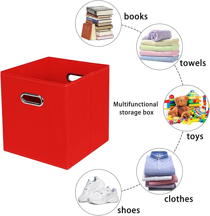 Fabric storage bins Cubes, Fabric Cube Organizer with Handle, Foldable Cube Bins for Cloth or Accessary Storage, 11x11x11, Set of 6, (Red)
