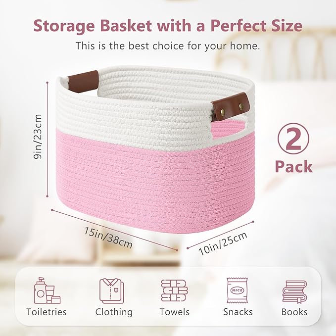 ECDYQXVU Cotton Rope Basket, Storage Baskets with Handle, 15x10x9 Inch Woven Basket for Shelves, Laundry, Towels, Clothes, Books (White/Pink 2Pack)