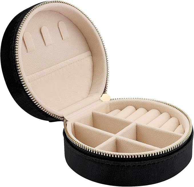 DesignSter Travel Jewelry Box - Velvet Mini Jewelry Organizer, Small Jewelry Case for Girls Women, Jewelry Storage Box for Rings Earrings Necklace (Circular, Black)