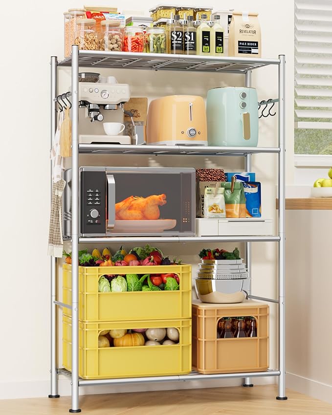 Sakugi Storage Shelves - 4-Tier Spacious Shelf Organizer with Hooks & Leveling Feet, Easy to Assemble, Rust-Resistant Garage Shelving for Kitchen, Pantry, Bedroom, 33.2" x 12.7" x 57.3", Sliver
