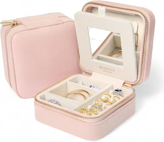 BLUTETE Travel Jewelry Box Organizer Velvet Travel Case With Mirror Ring Earrings Necklaces Storage Organizer Box (Blush)