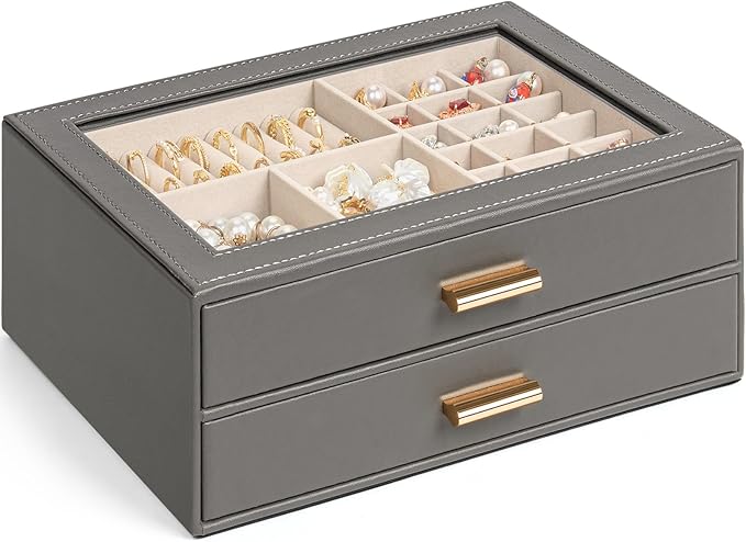 AKOZLIN Jewelry Box with Clear Lid Functional Leather Jewelry Storage Organizer Case 2 Drawers for Women Girls Necklace Ring Bracelet Earring
