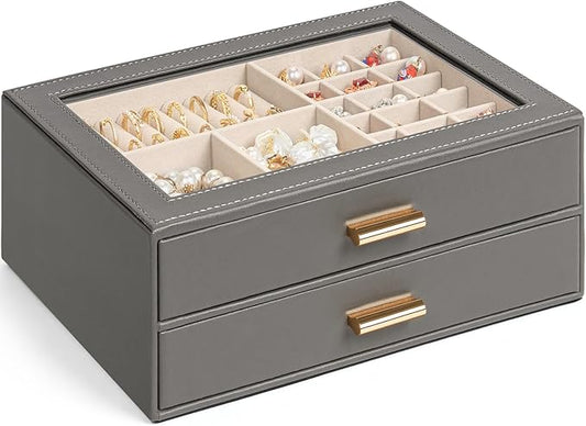 AKOZLIN Jewelry Box with Clear Lid Functional Leather Jewelry Storage Organizer Case 2 Drawers for Women Girls Necklace Ring Bracelet Earring