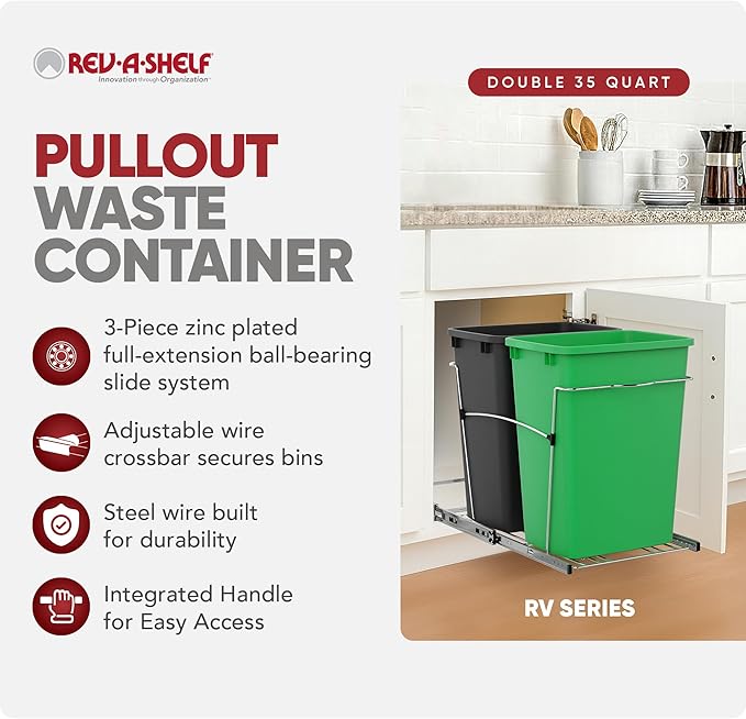 Rev-A-Shelf RV-18KD-1918C-S Double Pullout Trash Can for Kitchen Cabinets 35 Quart Garbage Recycling Bin Container on Full Slides, Green/Black