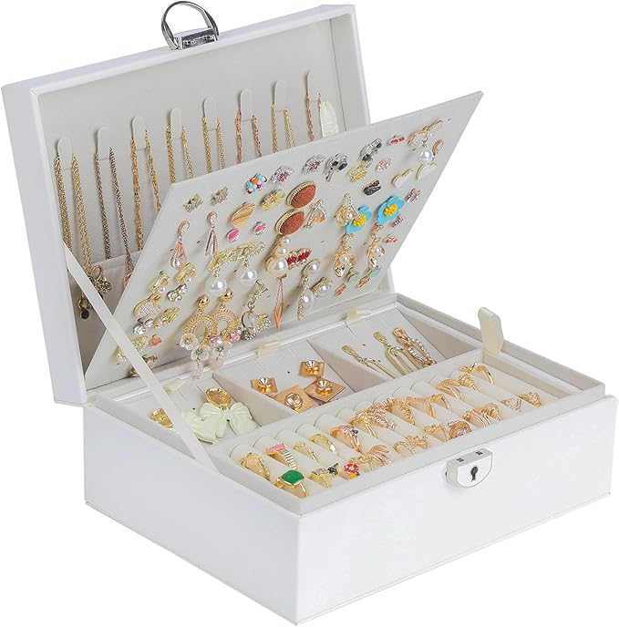 BOOVO Earring Jewelry Box For Women Girl Stud Organizer, 4 Layers Girl Jewelry Organizer Box With Lock Earring Holder Organizer Necklace Ring Jewelry Organizer Box For Girls (White, 4 layer)