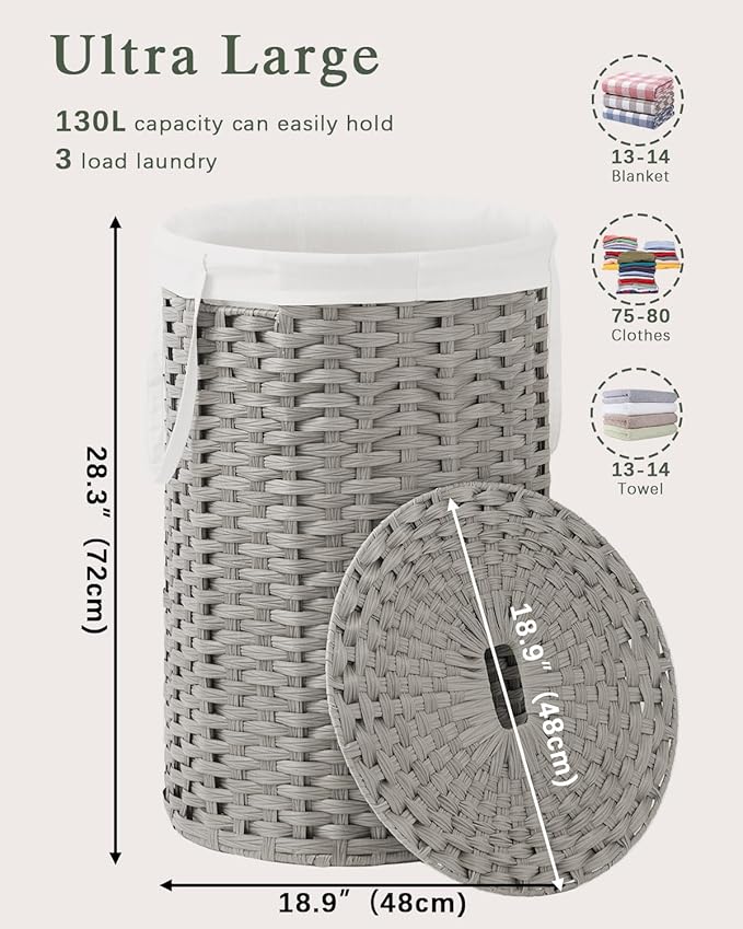 SETVSON Large Laundry Hamper Laundry Basket Round 34.3 Gal (130 L) Handwoven Wicker Laundry Baskets Rattan Laundry Basket with Laundry Bag Handles 2 Mesh Bags for Living Room Bedroom Gray
