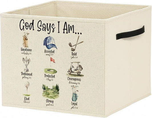 Christian Golf Storage Bin Box with Handles, God Says I Am Bible Verse Golf Foldable Baskets Organizer for Kids Room Nursery Bedroom Bathroom Clothes Toys Books, Toybox for Boys