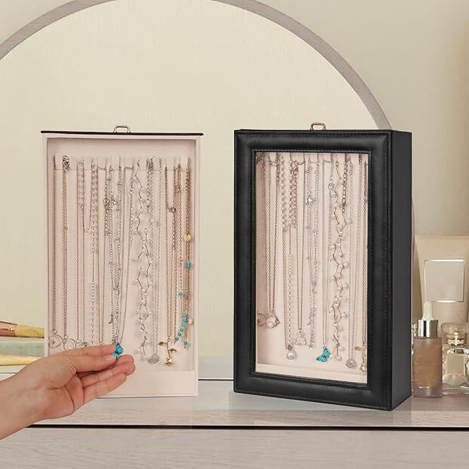 Necklace Organizer Box - 2-Layer Double-Sided Clear Lid Jewelry Storage Case, Anti-Tangle Necklaces Display Holder for Pendants Bracelets, Jewelry Organizer for Women Girls (Black)