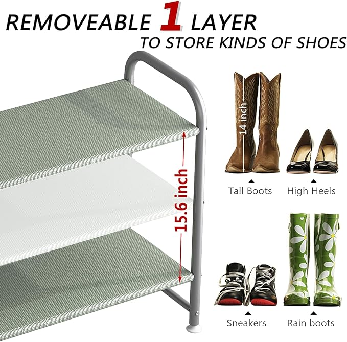 INGIORDAR Shoe Rack 3 Tier Long Storage Organizer Wide Metal Shoe Shelf for Closet Entryway Grey