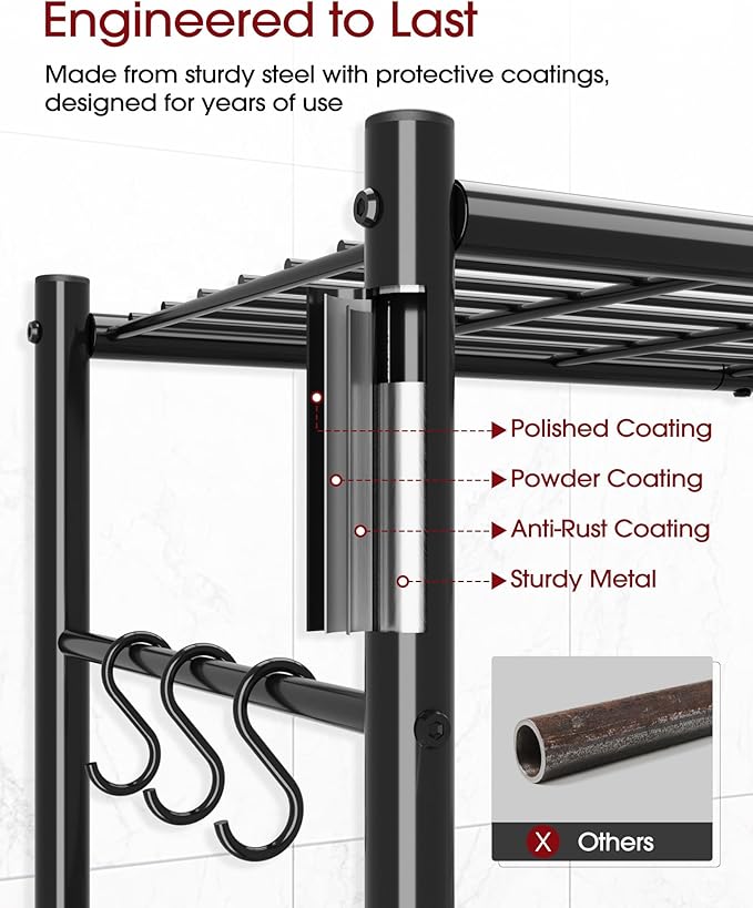 Sakugi Storage Shelves - 4-Tier Spacious Shelf Organizer with Hooks & Leveling Feet, Easy to Assemble, Rust-Resistant Garage Shelving for Kitchen, Pantry, Bedroom, 33.2" x 12.7" x 57.3", Black