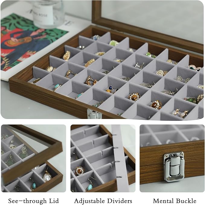 Stratalife Wood Jewelry Organizer Jewelry Tray 40 Grid Jewelry Holder Organizer Jewelry Box Jewelry Tray with Lid Earring Organizer Jewelry Storage Jewelry Trays for Drawers Vintage Style