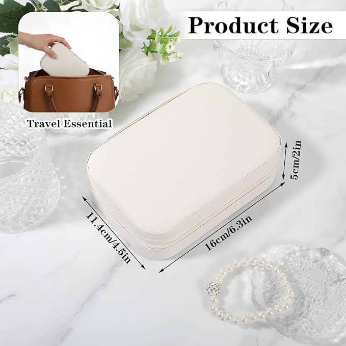 2-Pack PU Leather Travel Jewelry Organizer Cases with Mirror for Women, Portable Velvet Jewelry Box Set for Earrings, Rings, Necklace, Bracelet - Luxury Gift Set (Beige)