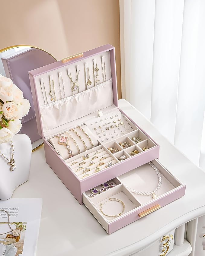 Lolalet 2-Layer Jewelry Box Organizer for Women Girls, Jewelry Storage Case Holder with Drawers for Necklaces Ring Earrings Bracelet Watch, Gifts Choice for Mom Mother’s Day -Purple