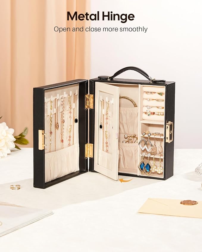 Enthralite Large Travel Jewelry Case: Portable Jewelry Box with Mirror - PU Leather Small Jewelry Organizer for Rings Earrings Necklaces Bracelets - Birthday Gift for Her - Jewelry Storage