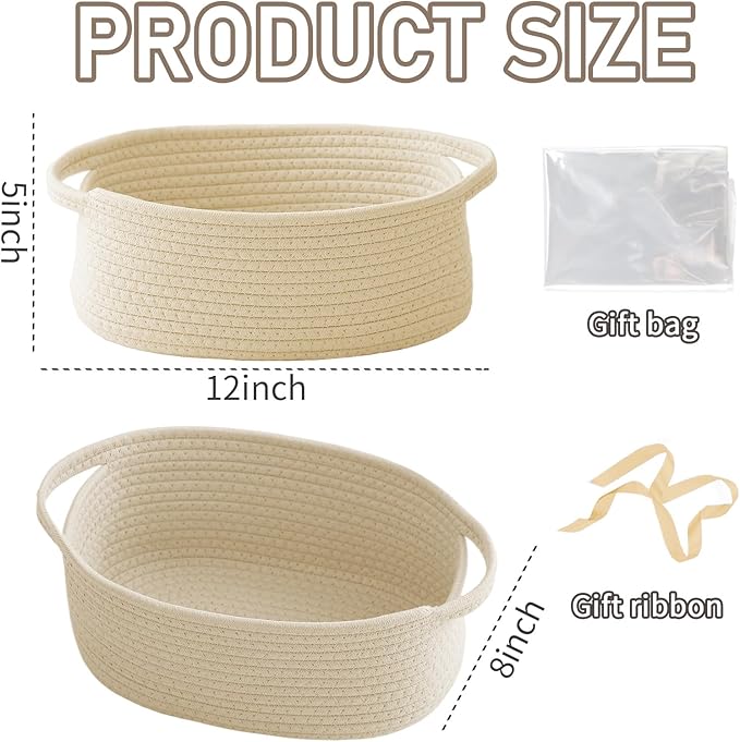 JMvicyroam Woven Basket,Small Rope Storage Bin with Handles & Ribbon Bag, Organizer for Shelves Closets,Gift Basket Empty for Birthday,Books,Dog Toys,Beige/2 Pack