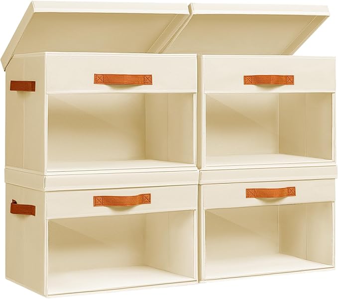 Homsorout Large Storage Bins with Lids - 4 Pack Foldable Decorative Organizers with Clear Windows & Handles, Cube Storage Organizers for Clothes, Blankets, Sweaters, Sheets, Beige