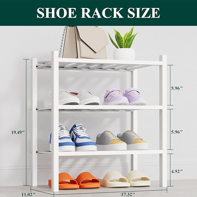 Smiry Shoe Rack, 3 Tier Thick Small Bamboo Shoe Organizer, Stackable Free Standing Wooden Shoe Storage Shelf for Closet, Entryway, Front Door Entrance, White