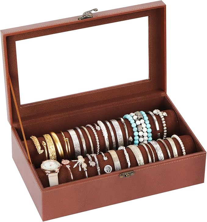AUTOARK Bracelet & Watch Storage Box with Glass Lid & 2 Anti-Roll Rods,PU Leather Jewelry Case,Soft Lined Locking Organizer for Women,Gift for Dresser & Cabinet Display,Coffee,MKAW143