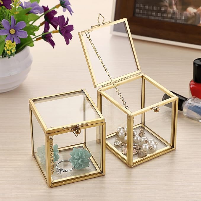 Hipiwe 2 Packs Vintage Glass Jewelry Organizer Box - Small Golden Metal Keepsake Box Desktop Jewelry Organizer Holder, Wedding Birthday Gift, Square Vanity Decorative Box for Dresser Bathroom