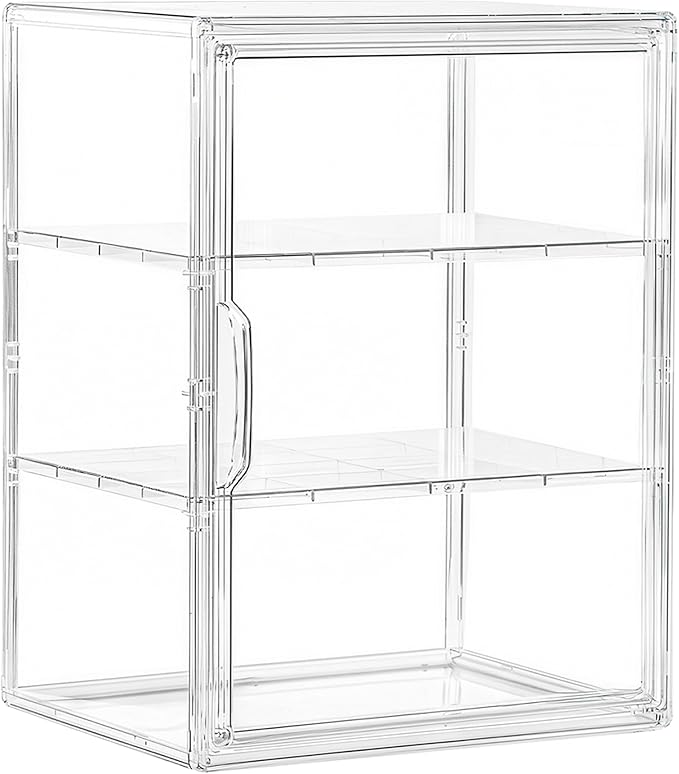 Acrylic Display Case for Collectibles, 3 Tier Clear Storage Bin with 3 Adjustable Layers and 2 Removable Divider, Stackable Clear Storage Box with Magnetic Door for Figures, Home or Office,Large