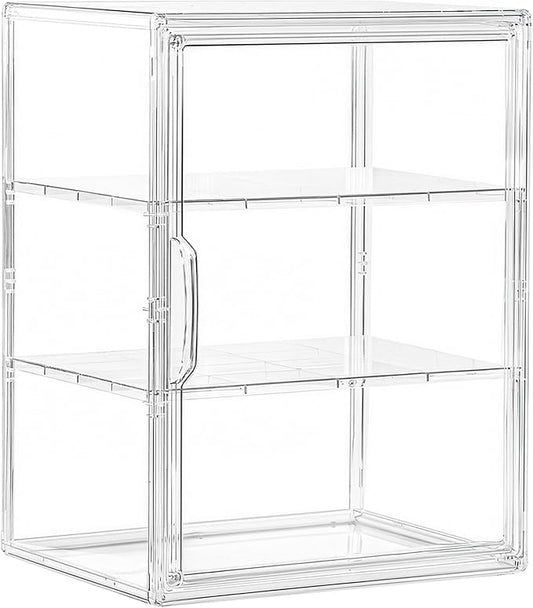 Acrylic Display Case for Collectibles, 3 Tier Clear Storage Bin with 3 Adjustable Layers and 2 Removable Divider, Stackable Clear Storage Box with Magnetic Door for Figures, Home or Office,Large