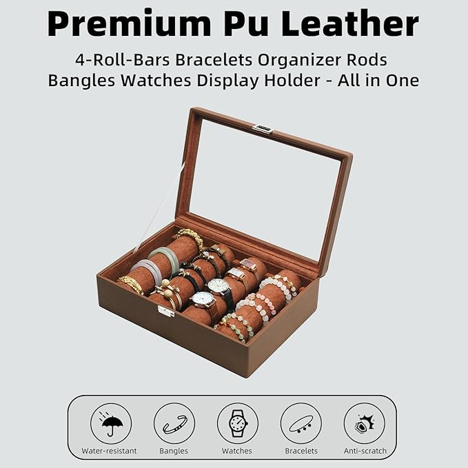Bracelets Organizer Rods Bangles Display Holder, Clear See through Lid Leather Velvet Jewelry Storage Box Case for Women, 4 Rods Brown Leather