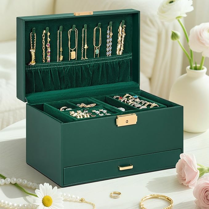 AKOZLIN Travel Jewelry Box Organizer Functional 2-trays Leather Jewelry Storage Case with Lockable Portable Drawer for Women Girls Ring Necklace Earring Bracelet